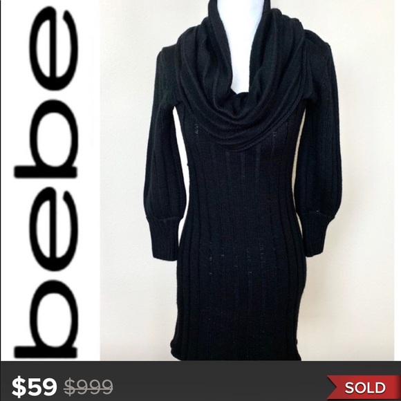 SOLD - BEBE Cowl Neck Bubble Sleeves Black DRESS - Picture 1 of 9